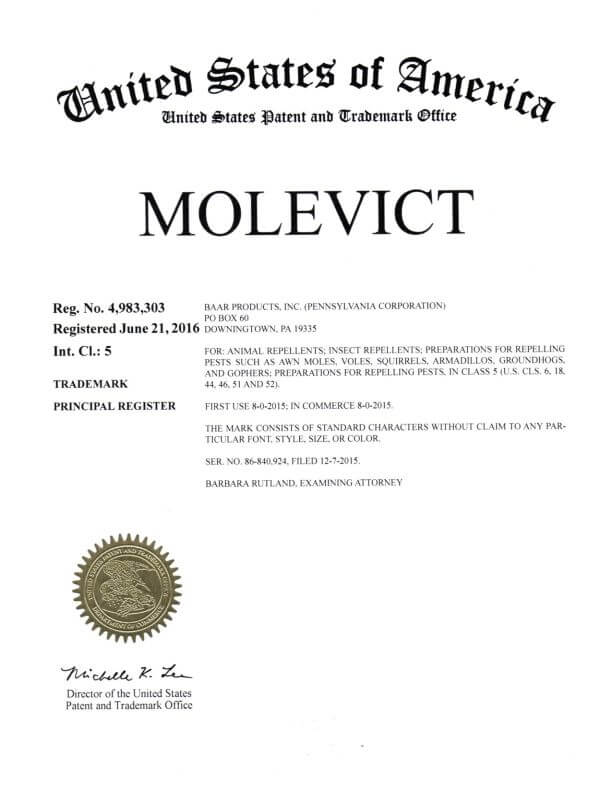 Trademark Application for MOLEVICT filed by Trademark Lawyer Philadelphia Allowed Registration by USPTO