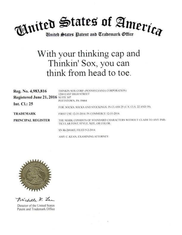 Trademark Application for With your thinking cap and Thinkin' Sox, you can think from head to toe Pottstown filed by Philadelphia Trademark Lawyer Allowed Registration by USPTO
