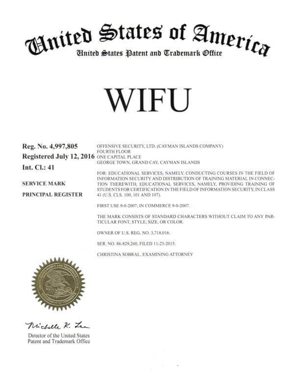 Federal Trademark Application for WIFU filed by Philadelphia Trademark Lawyer Allowed Registration by USPTO