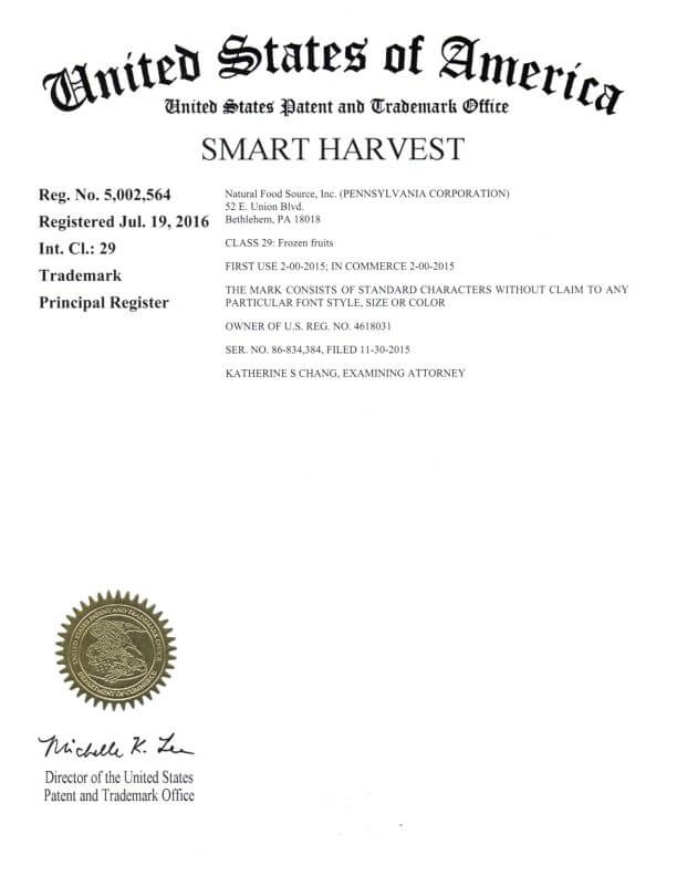 Federal Trademark Application for SMART HARVEST filed by Allentown Area Trademark Lawyer Allowed Registration by USPTO