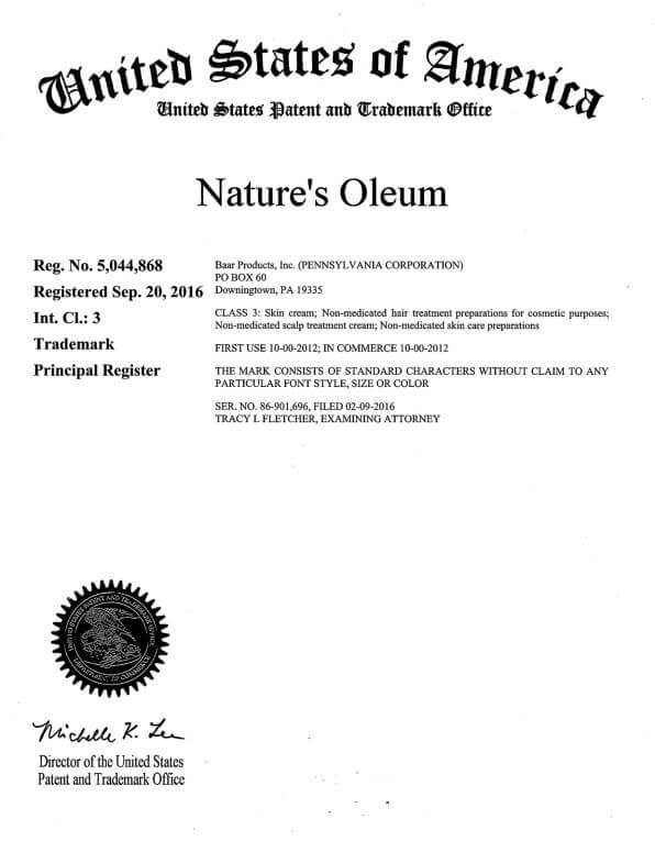 Trademark Application for Nature's Oleum filed by Philadelphia Trademark Attorney Allowed Registration by USPTO