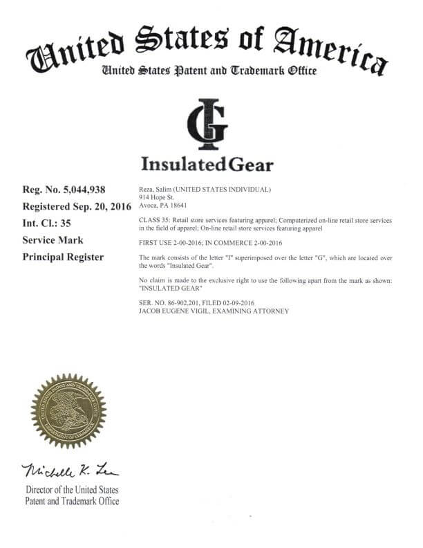 Trademark Application for Insulated Gear in Avoca filed by Scranton Trademark Lawyer Allowed Registration by USPTO