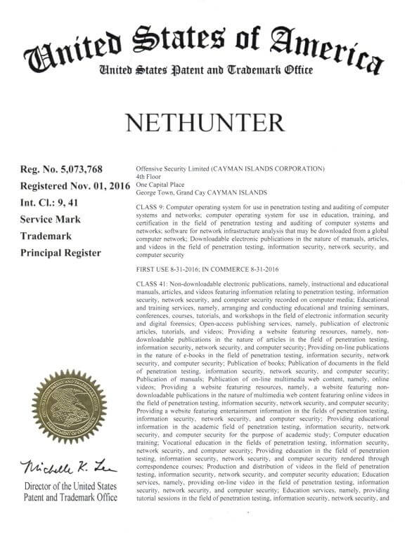 Trademark Application for NETHUNTER filed by Philadelphia Trademark Lawyer Allowed Registration by USPTO