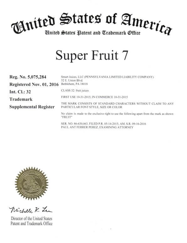 Trademark Application Granted for Super Fruit 7 in Bethlehem TM Application filed by Attorney Philadelphia, PA