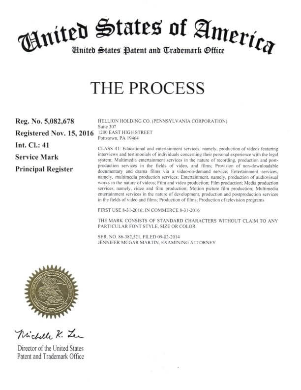 Trademark Application Granted for the brand name THE PROCESS, Pottstown, Application filed by Online Trademark Attorney, Philadelphia, PA
