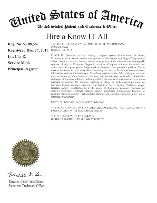 Trademark Application filed by Scranton Trademark Attorney Granted Registration Certificate Dunmore