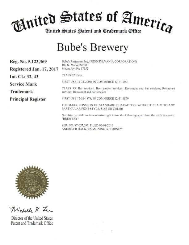 Trademark Registration Certificate Granted for Bube's Brewery in Mount Joy - Application filed by PHL Trademark Attorney 