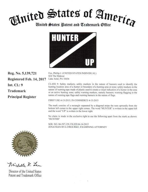 Trademark Application Granted for the brand name Hunter Up, Online Trademark Attorney, Philadelphia, PA