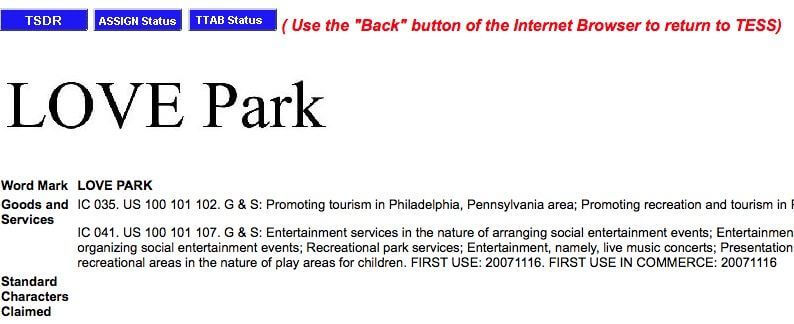 Love Park Trademark Application City of Philadelphia