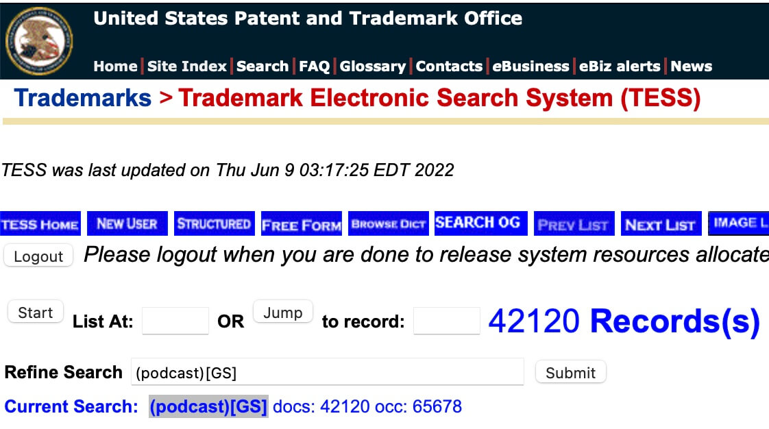Total Podcast Trademark Applications and Registrations